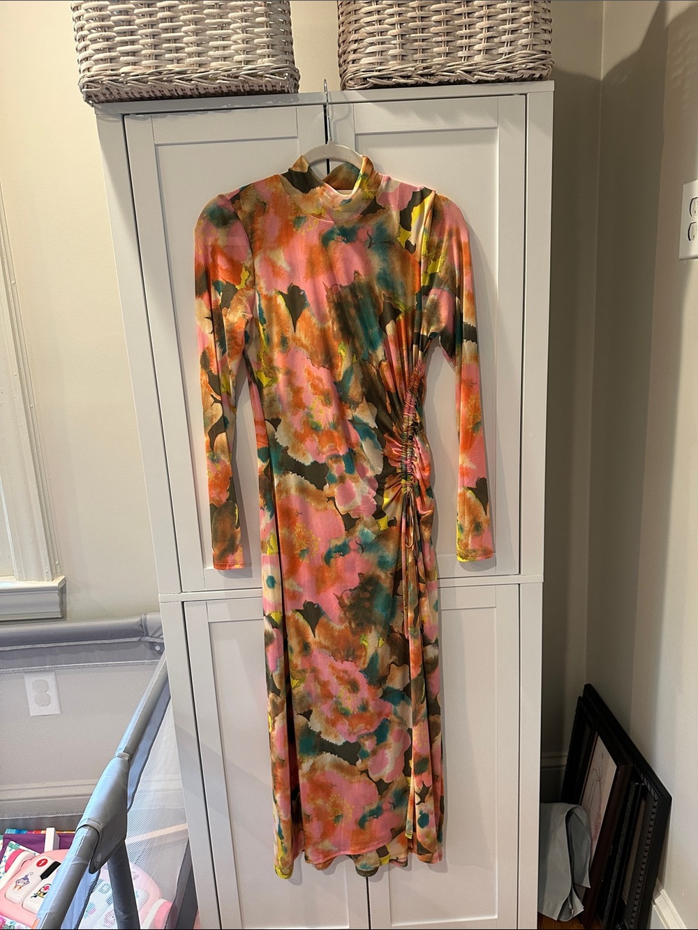 Anthropologie Women’s Pink Floral Ruched Side Midi Dress